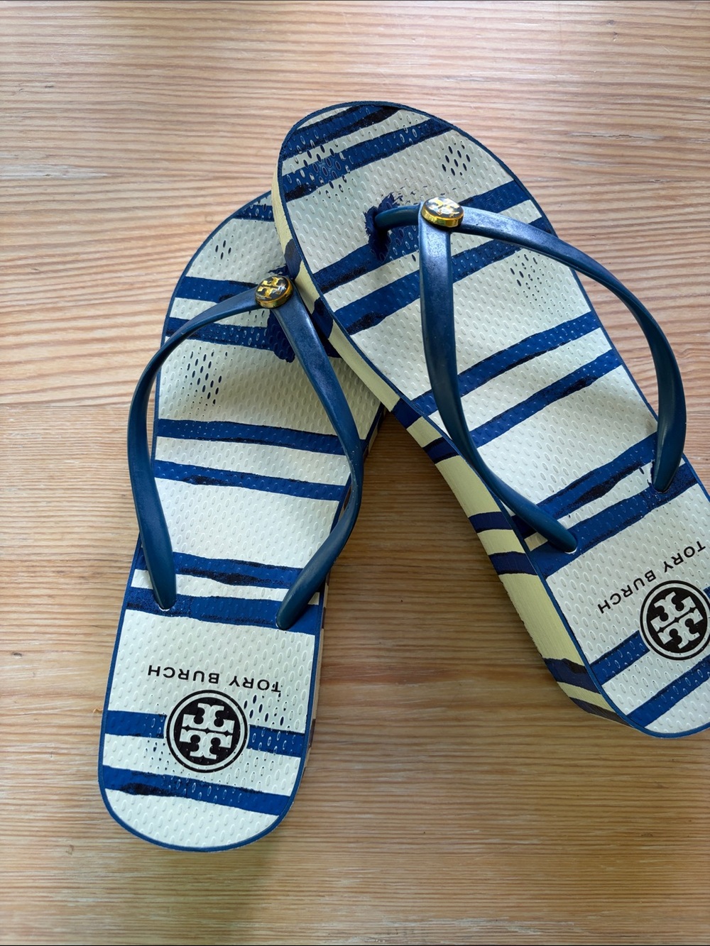 Tory Burch Navy and Cream Striped Women’s Flip Flops
